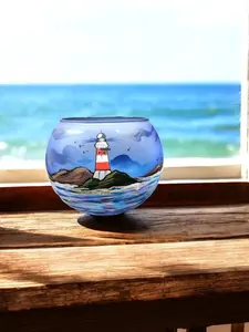 Medium Light Blue Glass Candle Holder, Hand Crafted in Ukraine, Lighthouse and Sailboat Design, Wonderful Year Round