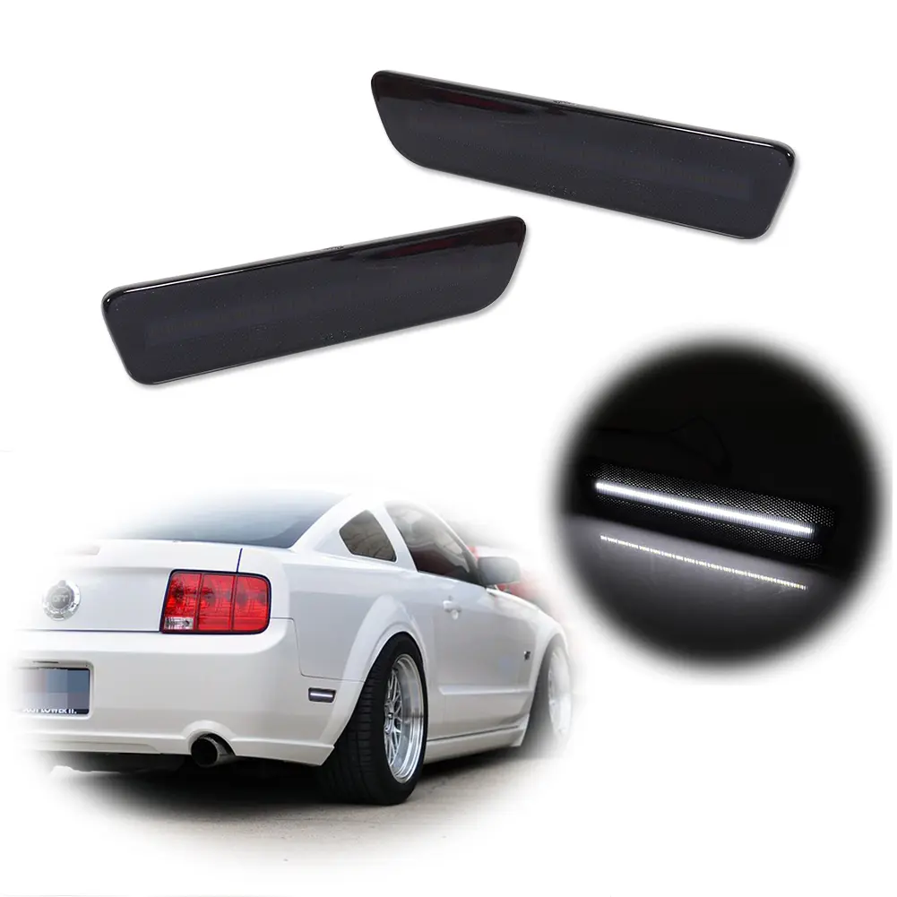 2pcs Smoke Rear Bumper Reflector Side Marker White lamps LED Light For 2005 2006 2007 2008 2009 Ford Mustang, Replace OEM 4R3Z15A201BA 4R3Z15A201AA