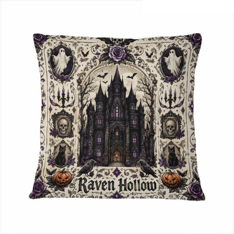 Raven Hollow Gothic Print Pillow Cover - Double-Sided Velvet Zipper Throw Pillowcase, Polyester Fabric Vintage Home Decor Cushion Cover for Spooky Witch-Themed Season, Indoor Use Home Décor Accessory