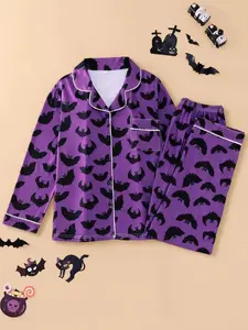 2-piece Halloween Pumpkin Head Spider Web Cross Long Sleeve Pants Soft and Comfortable Top Small Pocket Button Closed Elastic Waist Suitable for All Seasons Leisure Home Pajama Set Sleepwear Regular Wear