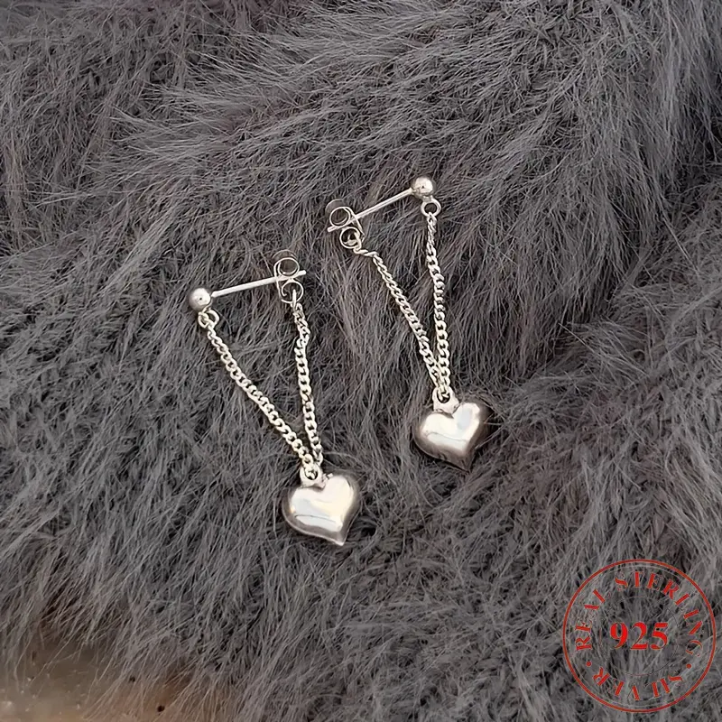 925 Sterling Silver Heart-Shaped Chain Earrings - Anti-Allergic, Shiny Cube-Inset, Secure Clasp, Party Wear Elegant Jewelry for Gifting