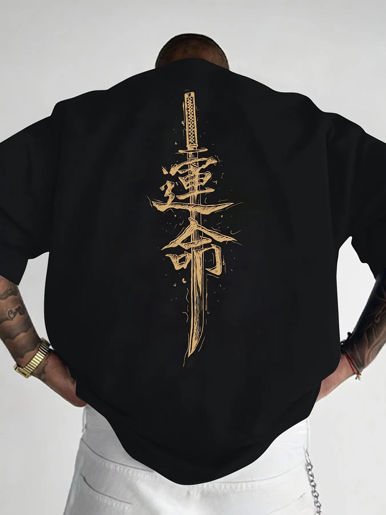 Unisex Japanese Samurai Knife Gold Print Back Short Sleeve T-Shirt, Dark Ukiyo-E High Street Cultural Aesthetic Style Loose Top, Summer Streetwear Fashion