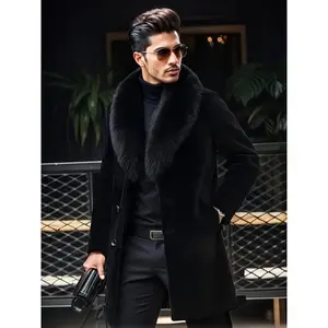 Men's Fashionable Black High-Quality Faux Fur Winter Coat, Long Plush Jacket with Sherpa Collar, Soft and Warm, Casual Business Party Style, Qin Grass, Rabbit Fur Menswear Polyester