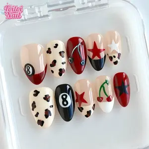 10pcs Handmade Almond Press-On Nails, Cool American Retro Style with Leopard, 8-Ball, Star & Safety Pin Accents, Reusable Wearable False Nails, Comfortable Fit, Easy To Apply & Remove, Removable False Nails, Ideal for Party, Street, Daily & Date Wear