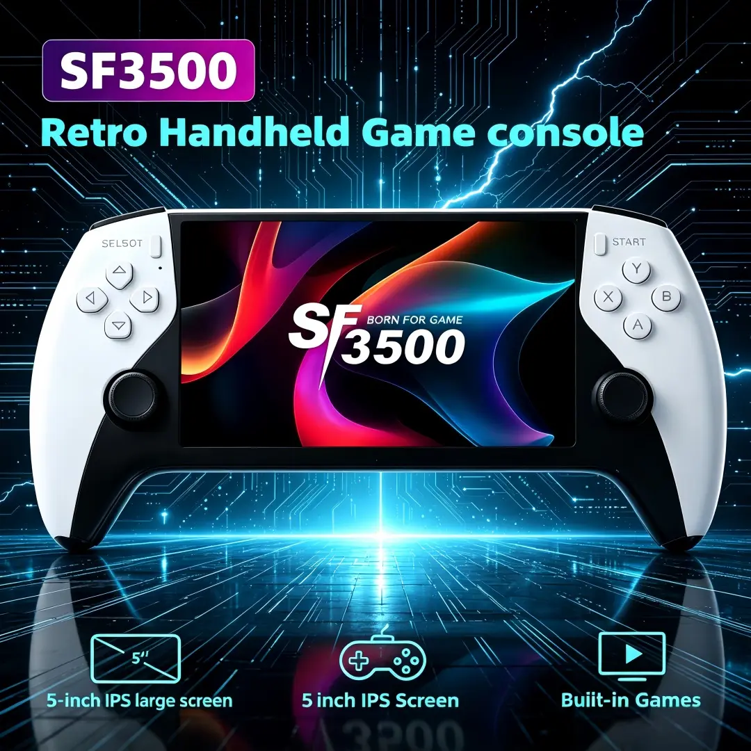 SF3500 Portable Retro Handheld Arcade Gaming Console - 5.1in HD IPS Screen, 64GB Default, 14+ Built-in Emulators, Mass Classic Games, Wireless, TV Cable Support, Ergonomic ABS Build, Rechargeable Battery, Outdoor/Family Use, Ideal Birthday Gift for Gamers