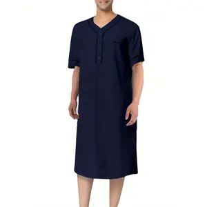 [Vintage Men Nightgown] Loose Vintage Men Nightgown |   Solid Color Henley Short Sleeve Nightshirt Kaftan Arabic Thobe with Pockets Sleepwear