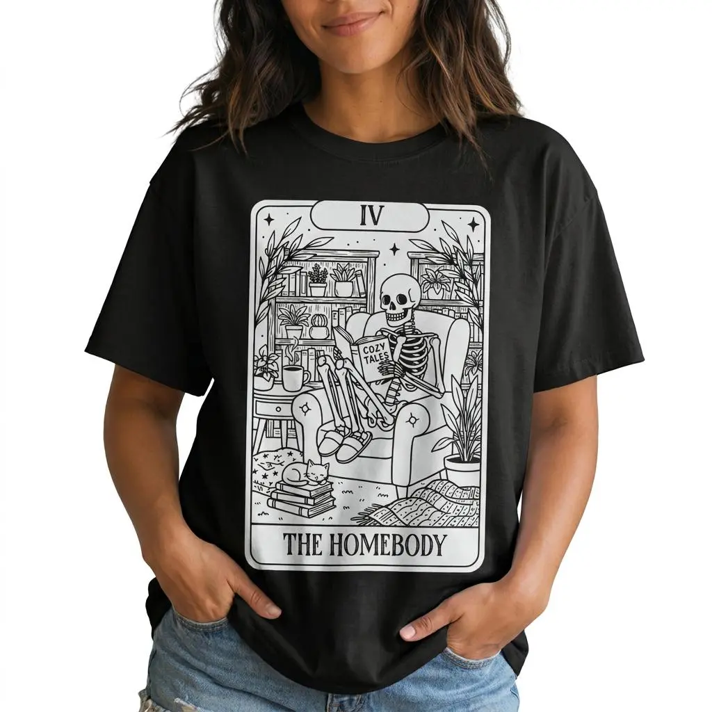The Homebody Skeleton Tarot Card Shirt Cozy Introvert Graphic Tee Women Check Fabric
