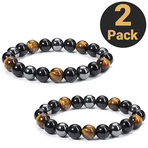2 Pack Tiger Eye Natural Stone Bracelet | Couple & Friendship Gift | Energy & Good Luck Beads | Adjustable Stretch | 8mm Beaded
