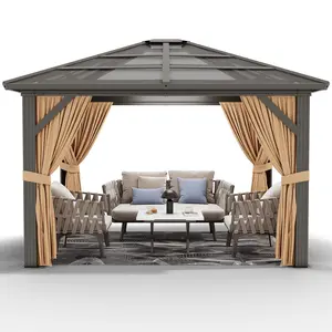 Durable Hardtop Gazebo Outdoor Camping Pavilion Polycarbonate Roof Sturdy Aluminum Frame Galvanized Iron Support Columns with Full Netting and Privacy Curtains Permanent Metal Shelter Perfect for Patio Backyard Deck Garden Poolside Outdoor Leisure Use
