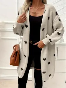 Elegant Knit Cardigan with Heart Pattern, Buttonless Hoodie Jacket, Mid-Length Layering Top, Long Sleeve, Suitable for Fall & Winter, Women's Fashion, Casual, Fitted
