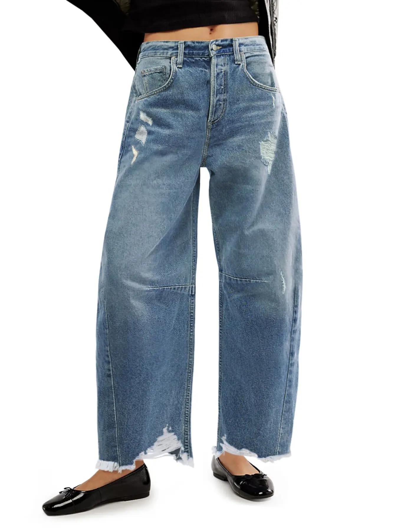 Aswulk Womens High Waisted Barrel Horseshoe Baggy Jeans Trendy 2025 Raw Hem Non Stretch Denim Fashion