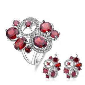Natural Red Garnet Vintage Flower Jewelry Set 925 Sterling Silver Gemstone Earrings Ring Set For Women Fine Jewelry GB