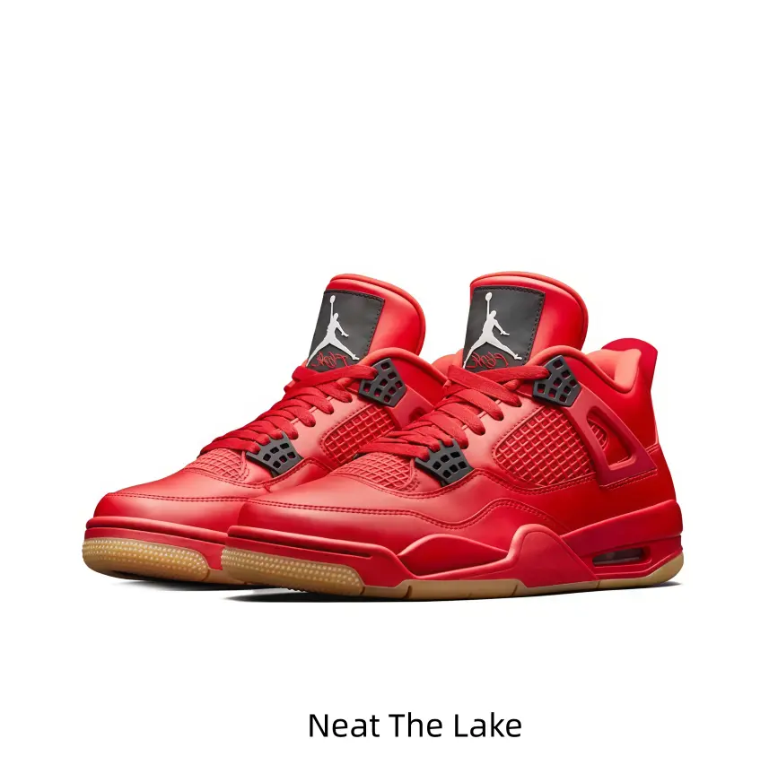 Bright full-red smooth leather upper, hollow breathable grid mesh side panels, matte black square perforated plastic buckle ornaments