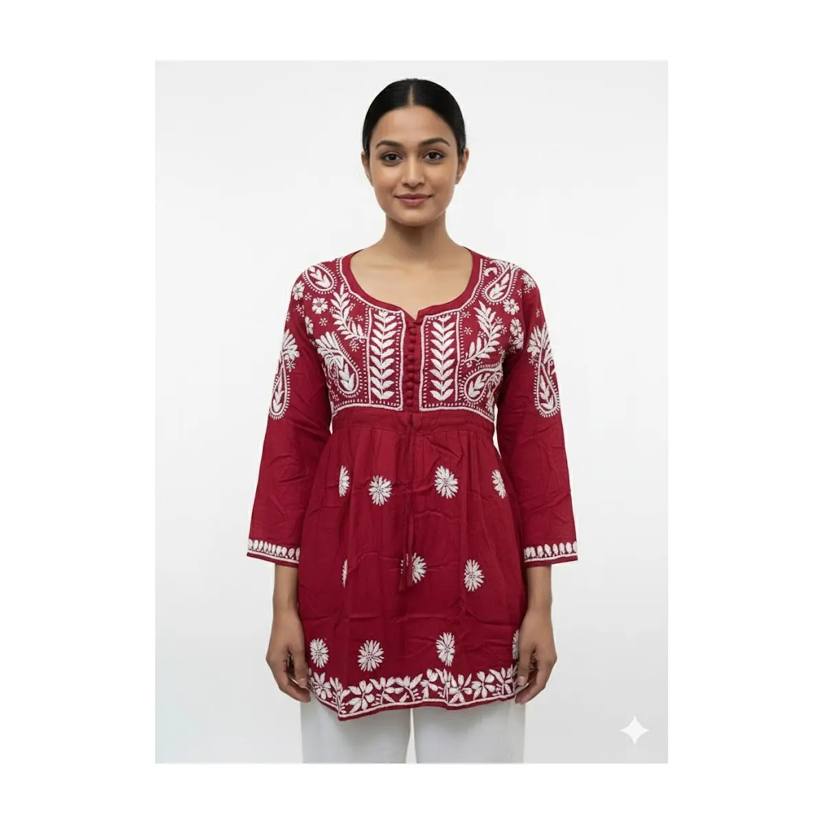 #Top-78 Embroidered Maroon Tunic Top