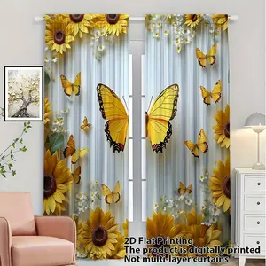2-piece set, 2D flat printing "Eternal Yellow Butterfly Floral Pattern" polyester fabric, translucent machine washable curtain panel, suitable for living room, bedroom, balcony, study home decoration, Christmas theme decoration, Window Curtain