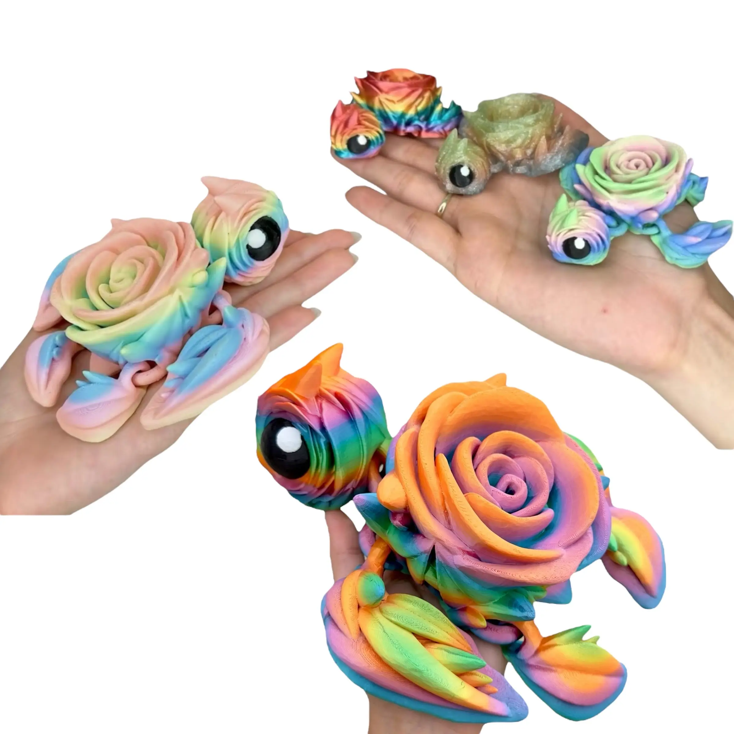 Rainbow Rose Turtle – Articulated 3D Figurine | Small to Mega – Pastel, Silky, Glitter