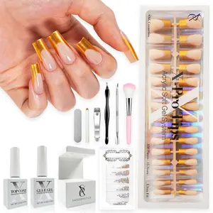 SXC Cosmetics French Tip Press On Nails – Gold French Series | Luxury Gold Edge Design | Short & Medium Length | Salon-Quality Reusable French Tip Press On Nails Set