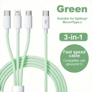 3-in-1 USB-C Braided Cable, PD Fast Charge & Data Sync Cable (USB-C to Type-C/Lighting/Android PD) - Compatible with iPhone 16/15/14/13/12/11 & Multiple Devices, Ideal for Mobile Phone & Car Charging