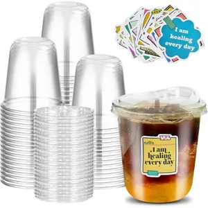 50 Sets Clear Plastic Cups with Strawless Sip  12 Oz Disposable Round Bottom Iced Coffee Cups with  and Inspiring Stickers for Cold Drinks,Juice, Bubble Boba ,Smoothie, To Go Cup
