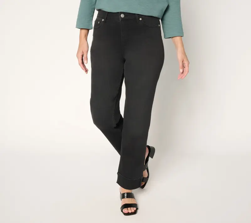 LOGO by Lori Goldstein Petite Black Turn-Up Cuff Ankle Jeans