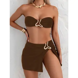 2026 Women's Bandeau Bikini Set with Gold Metal Hardware, Strapless Top and Wrap Skirt Cover-Up, 3-Piece Swimsuit for Beach & Vacation,Summer Vibes