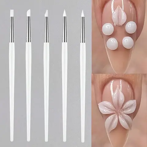 5-Piece Nail Art Brush Set with Silicone Tips, Manicure Brush, Professional Tools for Trimming, Engraving, Embossing & Dotting Acrylic Nails, Nail Art Equipment, Nail Art Accessories