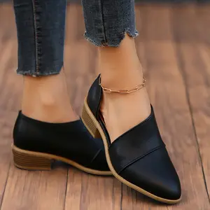 Single Shoes Side Hollow Chunky Heel Spring Autumn European and American Plus Size Slimming Solid Color Flat Single Shoes Trendy Fashion New Open Casual Women's Shoes