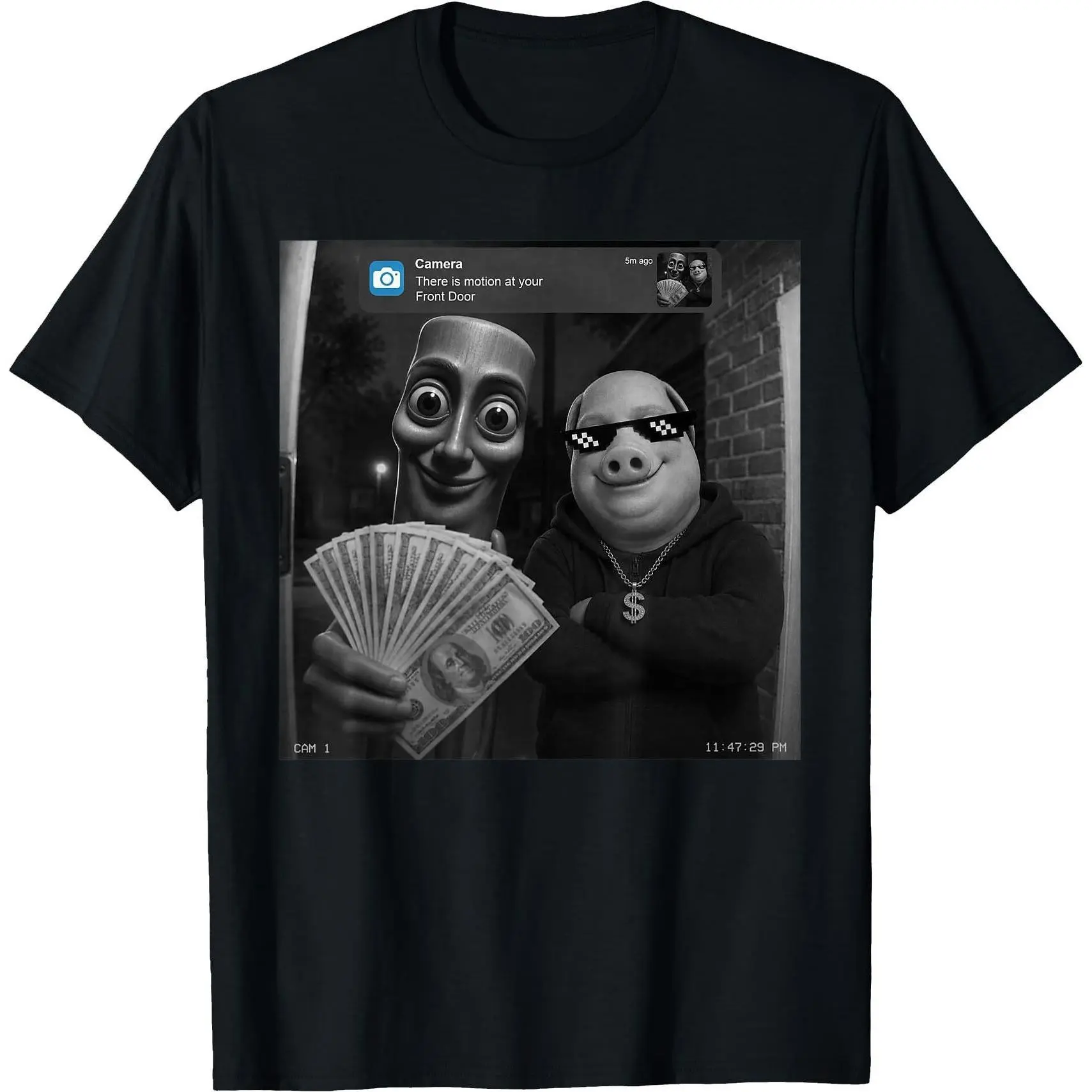 Tung Tung Tung Sahur and John Pork with Money Security Camera Meme - Funny Brainrot Graphic T-Shirt Unisex Black White up to 3XL