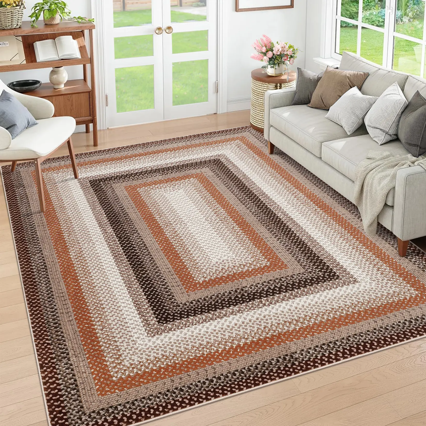 Modern Geometric Rug Braided Printed Carpet Washable Area Rug Soft Non-slip Thin Rug Foldable Indoor Carpet for Bedroom Living Room Bedside Home Decor