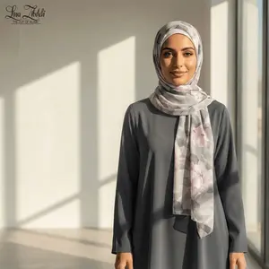 Elegant Floral Crepe Chiffon Hijab – Grey Silver & Rose Pink | Perfect for Work & Social Events