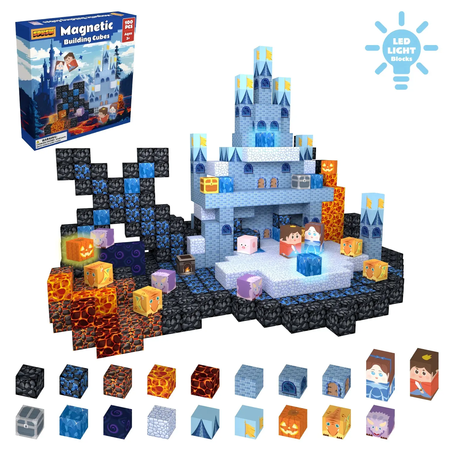 100Pcs Vibrant Magnetic Tiles Construction Toy - 100 Cubes, DIY Castle Blue Design, 3 Glow Blocks, Strong Magnets, Sturdy ABS Plastic BPA-Free Bricks, STEM Montessori Sensory Toy, All Seasons Gift for 3-12 Years Kids