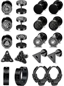 Mens Earrings for Men Stainless Steel Hoop Earrings Men's Viking Jewellery for Men Round Huggie Hoop Stud Earrings Boys Earrings Screw Earrings CZ Gothic Earrings Stainless Steel Studs