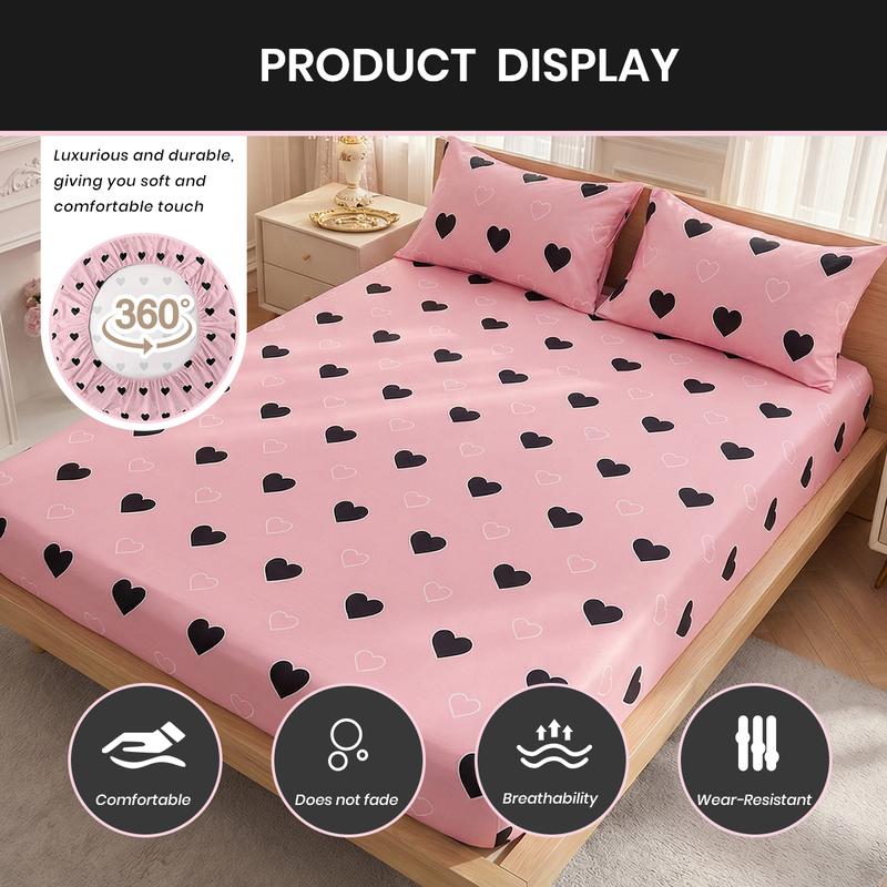Pink Heart Fitted Sheet, Soft Bedding,  Deep Pocket Design, Machine Washable, Fits Twin/Full/Queen/King Size,  Sweet & Chic Bedroom Essential, Valentine's Day Gift