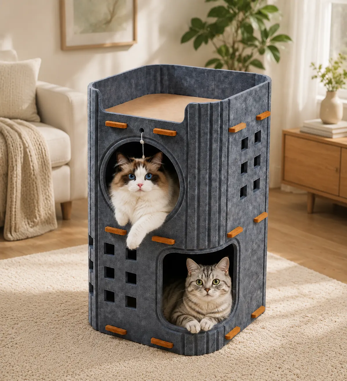 2-Story Felt Cat House with Scratching Board, Multi-Level Cat Condo Tower, Cat Cave Bed with Hanging Toy for Indoor Cats