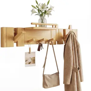 Mid Century Modern Walnut Foldable Entryway Wall Coat Hanger Hook with Shelf,Heavy Duty Wooden Piano  Towel Hooks for Bathroom,Wall Rack for Purse&Key&Mail, Decor (, 7 Hooks)