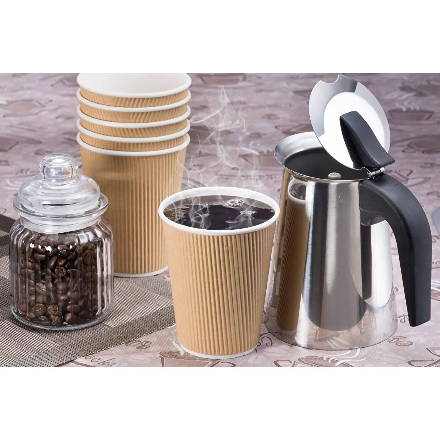 NYHI Set of 100 Brown Disposable Paper Cups with White Lids (10-oz) | Ripple Insulated Kraft for Hot Drinks - Tea & Coffee | Triple Layer Design | Eco- Friendly, Recyclable, Durable Paper
