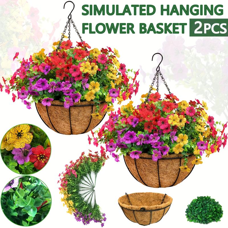 2pcs Artificial Hanging Flowers Baskets with 24 Realistic Daisies & Eucalyptus - UV-Resistant Outdoor/Indoor Decor for Porch, Patio, Balcony, Yard - Includes Hanging Baskets & Greenery