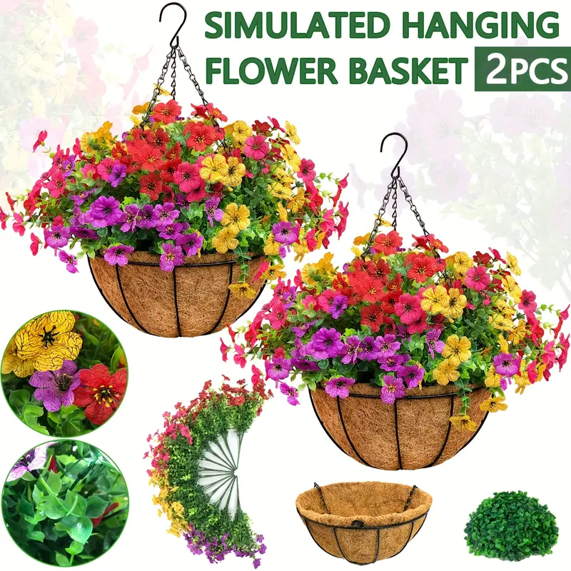 2pcs Artificial Hanging Flowers Baskets with 24 Realistic Daisies & Eucalyptus - UV-Resistant Outdoor/Indoor Decor for Porch, Patio, Balcony, Yard - Includes Hanging Baskets & Greenery