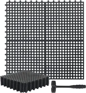 12 Pack Drainage Tiles Modular Interlocking Floor Tiles with 1 count Plastic Hammer 12" x 12" Cushion Mat Non Slip Rubber Floor mat with Holes for Pool Bathroom Deck Kitchen Patio (Black)