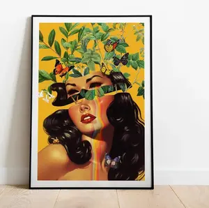 Psychedelic Woman Wall Art, Surreal Butterfly Head Poster, Retro Trippy Female Portrait Paper Prints, Aesthetic Decor Not Included Frame
