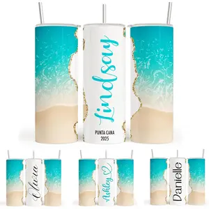 20oz Personalized Skinny Beach Vacation Tumbler, Custom Name Destination And Year Insulated Travel Cup, Customized Drinkware for Family Trip Bachelorette Party Summer Holiday And Gift Giving