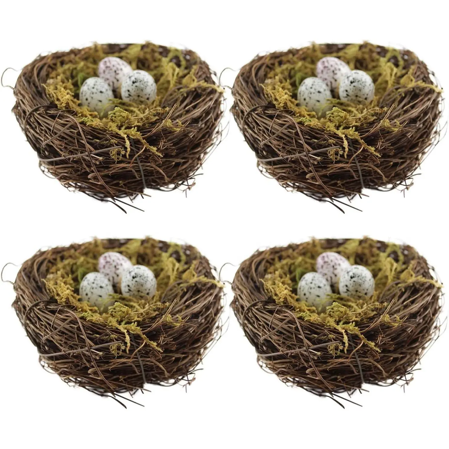 Artificial Bird Nests, 4-piece set of handmade natural Easter bird nests, made of rattan for garden, courtyard, and home party Easter decorations, includes 12 artificial bird eggs and 4 packs of moss