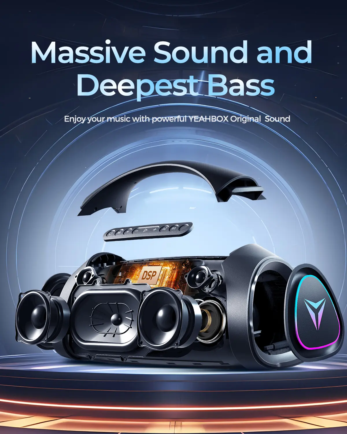 YEAHBOX Sonic Boom Max Portable Bluetooth Party Sound System - 200W RMS/300W Peak Stereo Audios, 3-Way TriFonic Pro HiFi, PulseBass X Oval Woofer, 5 Drivers, BT 5.3, EQ, USB-C Fast Charge, Water-Resistant, Camping-Ready Battery-Powered Bluetooth Speaker