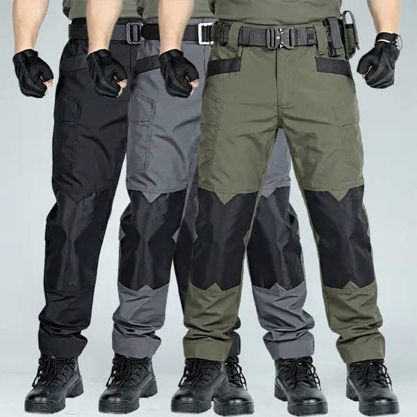 Men’s three-color patchwork tactical jogger cargo pants — abrasion-resistant, multi-pocket functional pants for outdoor climbing/hiking, commuting, and combat