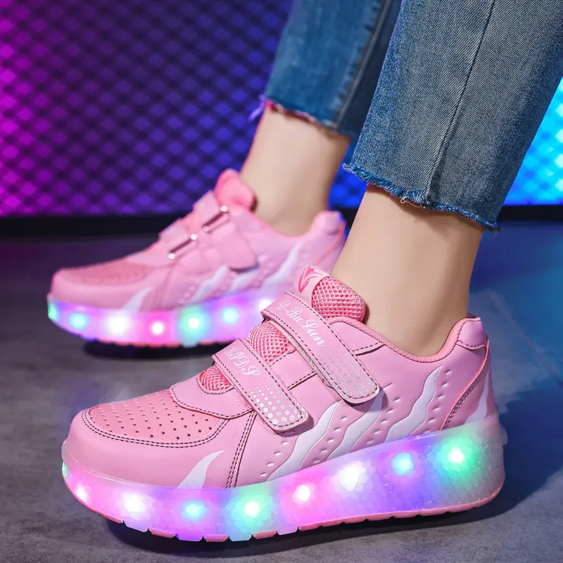 Kids' PU Leather 2-Wheel LED Light-Up Rollerskates - Sturdy, Safe, Durable All-Season LED Lighting Shoes for Confident Night Gliding, Fashionable Skate Trainers