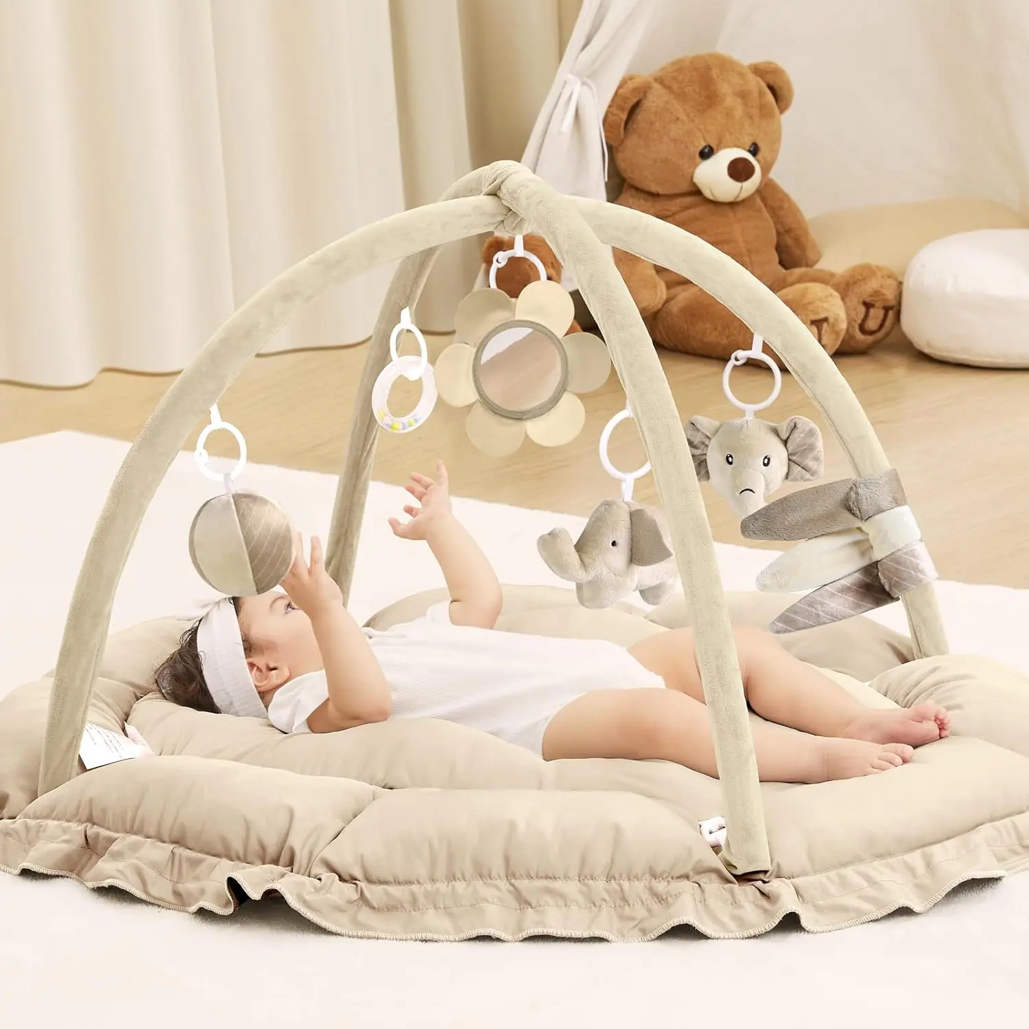 5 in 1 Baby Play Gym Mat, Reversible Tummy Time Mat with 5 Sensory Toys for Stage-Based Developmental, Thick & Large Baby Activity Center from Newborn to Toddler (Khaki)