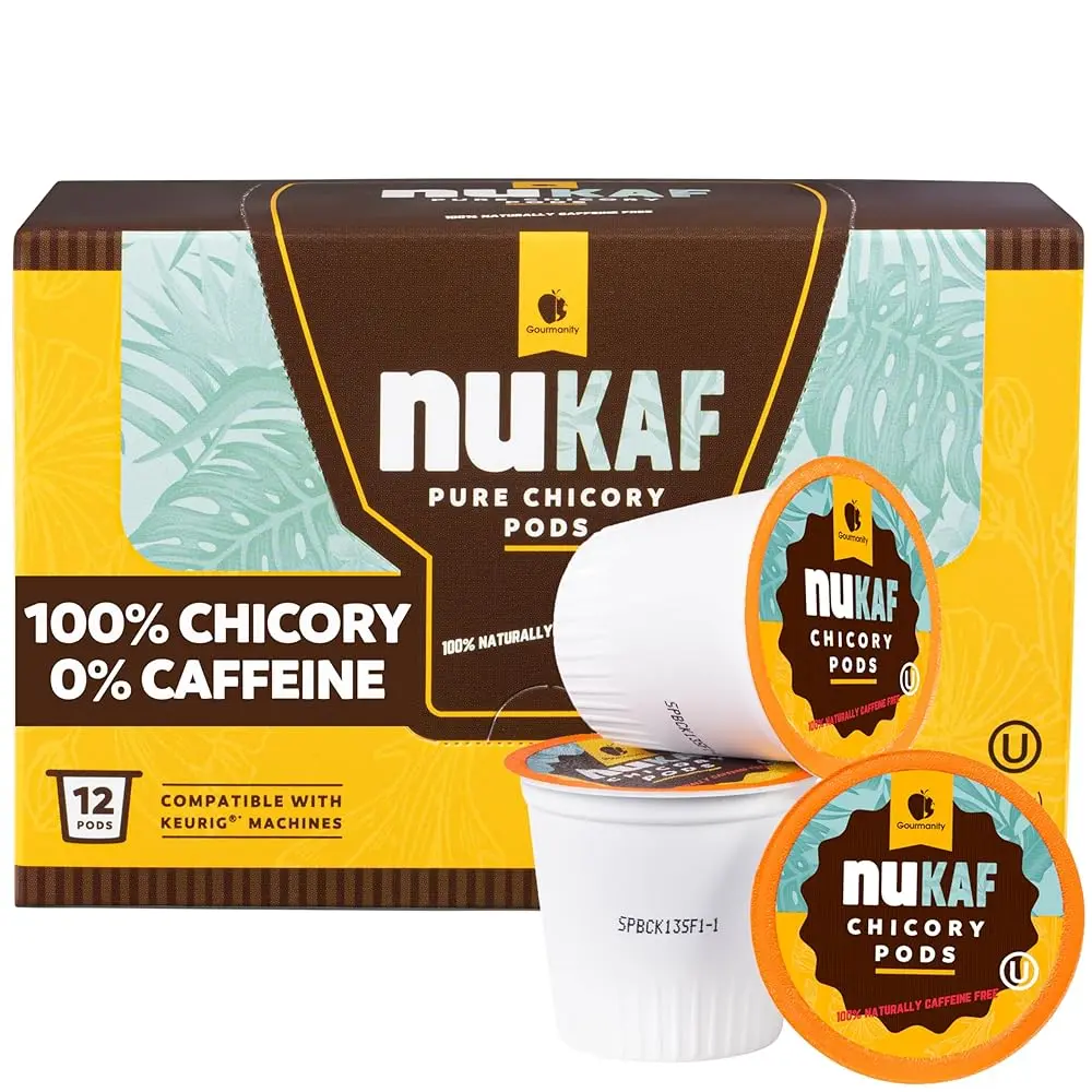 Gourmanity nuKAF Chicory Coffee K-Cups 12 Count Caffeine Free Natural Keurig Pods Rich in Prebiotics Kosher Coffee Alternative