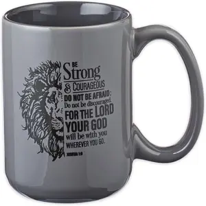 Lion Gray Ceramic Coffee Mug - 14 oz. Microwave and Dishwasher-safe Inspirational Scripture Coffee and  Mug for Men and Women with  Verse:  & Courageous - Joshua 1:9
