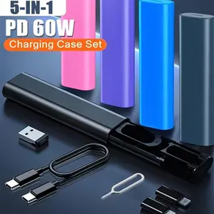 60w Type C Charging USB Data Line Set, Includes 5-In-1 Card Storage Box, Compatible with Android & iPhone, Fast Charge Cable