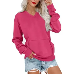 V Neck Sweatshirt Women No Hood Pocket Oversized Comfy Hoodie Y2k Soft Plain Fleece Pullover Cute Sweatshirts Can be used with raincoat
